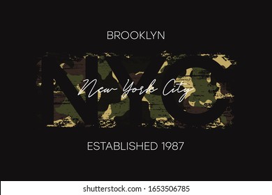 New York City, Brooklyn t-shirt design with camouflage texture. NYC apparel design with camo in military army style. Vector illustration.