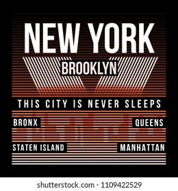 New York City, Brooklyn typography for t-shirt print. Silhouette of the city. T-shirt graphics. Vector