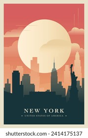 New York city brutalism poster with abstract skyline, cityscape NY state retro vector illustration. US travel front cover, brochure, flyer, leaflet, presentation template, layout image