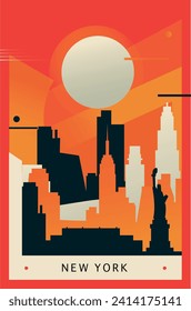 New York city brutalism poster with abstract skyline, cityscape NY state retro vector illustration. US travel front cover, brochure, flyer, leaflet, presentation template, layout image