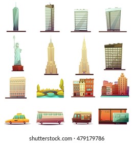 Edificios de la ciudad de Nueva York monumentos turistas atracciones y elementos de transporte elementos retro caricaturas iconos colección aislada ilustración vectorial Vector de stock
