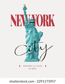 new york city calligraphy slogan with liberty statue vector illustration