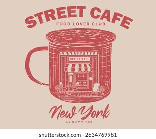 New york city coffee shop. Coffee cup. street cafe graphic print design for t shirt, apparel, posters, background and others.