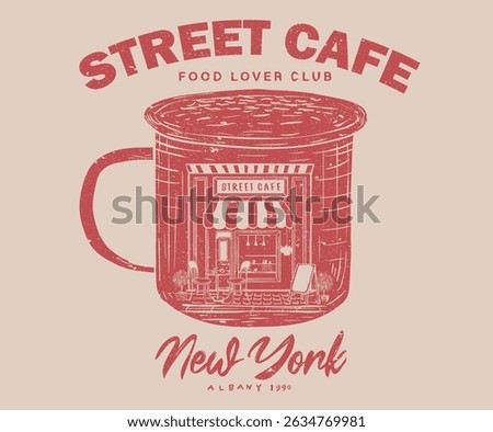 New york city coffee shop. Coffee cup. street cafe graphic print design for t shirt, apparel, posters, background and others.