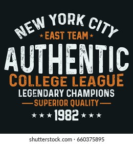 New York City college league, legendary champions, authentic  typography, t-shirt graphics, vectors