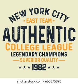 New York City college league, legendary champions, authentic  typography, t-shirt graphics, vectors