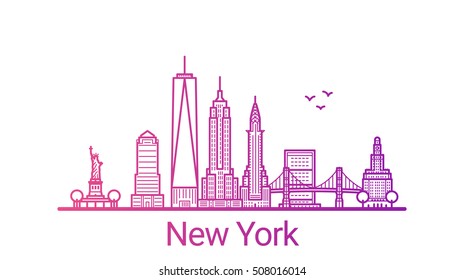 New York city colored gradient line. All New York buildings - customizable objects with opacity mask, so you can simple change composition and background fill. Line art.