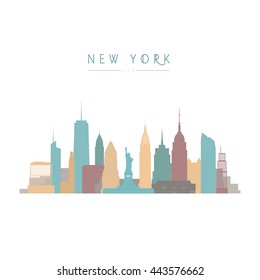 Nueva York, pintoresca ilustración vectorial de arquitectura colorida, silueta de ciudad en horizonte, rascacielos, diseño plano. 