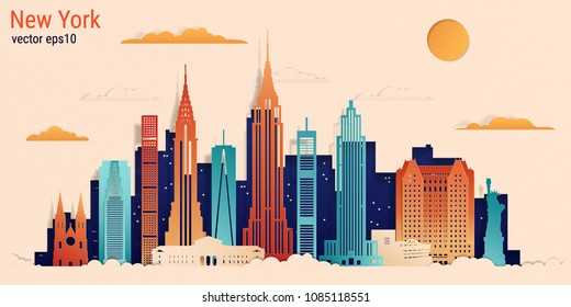 New York city colorful paper cut style, vector stock illustration. Cityscape with all famous buildings. Skyline New York city composition for design