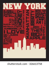New York city concept, logo, label. Word and Icon Cloud. Hipster style. T-shirt design. Typography. Creative poster design.