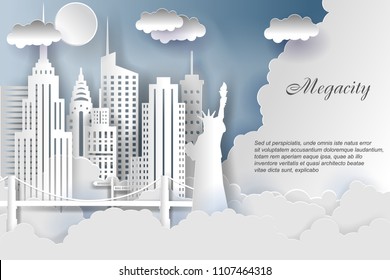 New York city concept, paper art city on back with buildings, statue of liberty, bridge, clouds. Origami and travel concept, vector art illustration.