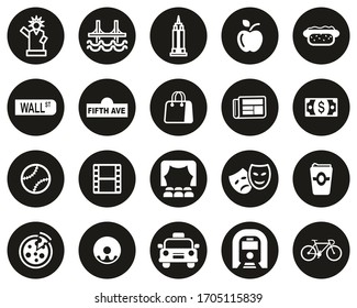 New York City & Culture Icons White On Black Flat Design Circle Set Big