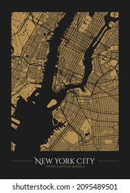 Mapa decorativo de la ciudad de Nueva York, afiche de diseño de tarjeta o lienzo con silueta de mapa de Nueva York dorada sobre fondo negro. Ilustración del vector