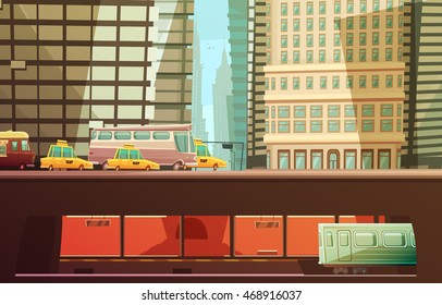 New York City Design Concept With Skyscrapers And Urban Transport So As Yellow Cabs Municipal Transportation Subway Flat Vector Illustration 