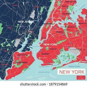 New York city detailed editable map with cities and towns, geographic sites, roads, railways, interstates and U.S. highways. Vector EPS-10 file, trending color scheme