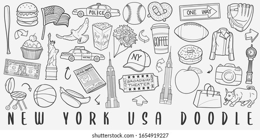 New York City Doodle Line Art Illustration. Handgezeichnete Vektorillustration Clip Art. Banner Set Logos.