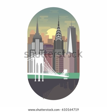 new york city doodle vector, newyork skyline, manhattan brooklyn bridge, skyscrapers, world trade center picture, sunrise of the city