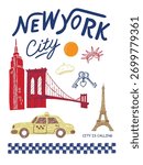 New York city doodles elements. Hand drawn set.New York city t shirt print design, top, dress, graphics, slogan tee, posters and others. 
