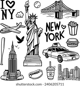 New York city doodles elements. Hand drawn set with, taxi, coffee, burger, statue of liberty, bridge. Isolated black sketch collection.