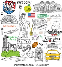 New York city doodles elements. Hand drawn set with, taxi, coffee, hotdog, statue of liberty, broadway, music, coffee, newspaper, museum, central park. Drawing doodle collection, isolated on white. svg