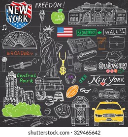 New York city doodles elements. Hand drawn set with, taxi, coffee, hotdog, statue of liberty, broadway, music, coffee, newspaper, museum, central park. Drawing doodle collection, on chalkboard.