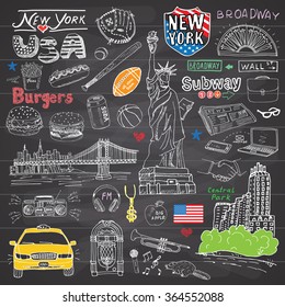 New York city doodles elements collection. Hand drawn set with, taxi, coffee, hotdog, burger, statue of liberty, broadway, music, coffee, newspaper, manhattan bridge, central park, on chalkboard.