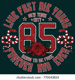 New York City embroidery rose and snake slogan fashion patch, rose with leaves, fashion patches, badges  typography, t-shirt graphics, vectors