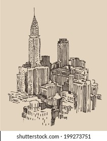 New York city engraving vector illustration, hand drawn