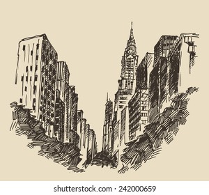 New York city engraving vector illustration, hand drawn svg