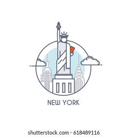 New York city flat line color icon with caption. City logo, landmark, vector symbol. State of Liberty. Vector Illustration isolated on white background.