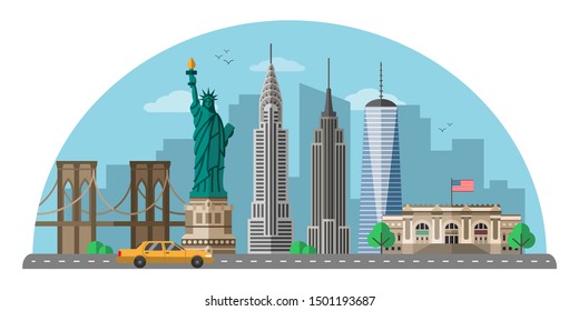 New York city flat vector illustration. United states modern metropolis isolated clipart on white background. US world famous landmarks and tourist attractions cartoon design elements