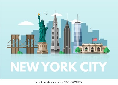 New York city flat vector illustration. United states modern metropolis isolated clipart on white background. US world famous landmarks and tourist attractions cartoon design elements