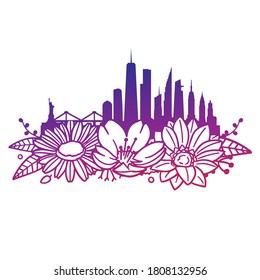 New York City Flowers with Vintage Skyline Design. Floral frame ornament vector style. Decoration Design Silhouette illustration.