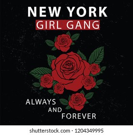 New York City girl gang embroidery rose slogan fashion patch, rose with leaves, fashion patches, badges  typography, t-shirt graphics, vectors