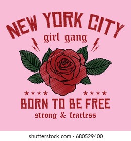 New York City girl gang, embroidery rose slogan fashion patch, rose with leaves, fashion patches, badges  typography, t-shirt graphics, vectors