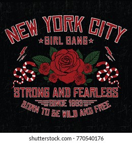 New York City girl gang, embroidery rose and snake slogan fashion patch, rose with leaves, fashion patches, badges  typography, t-shirt graphics, vectors