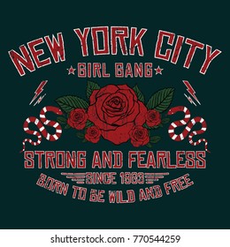 New York City girl gang, embroidery rose and snake slogan fashion patch, rose with leaves, fashion patches, badges  typography, t-shirt graphics, vectors