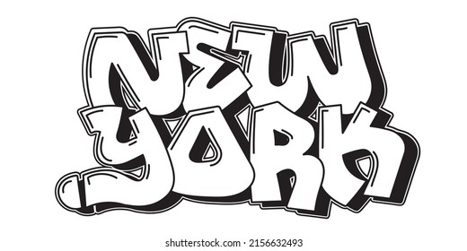 New York City. Graffiti decorative lettering. Free wild style on the wall. City urban illegal action by aerosol spray paint. Vandal, street art. Underground hip hop type vector illustration.