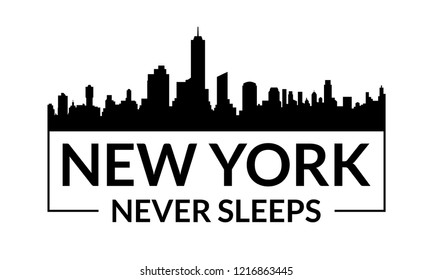 New York City graphic with city skyline. NYC never sleeps slogan. Vector illustration.