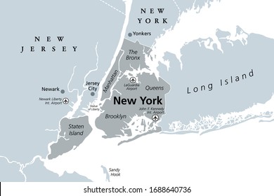 New York City gray political map. Most populous city in the United States located in the state of New York. Manhattan, Bronx, Queens, Brooklyn and Staten Island. English labeling. Illustration. Vector