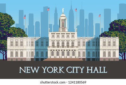 New York City Hall. Handmade drawing vector illustration. Pop art retro style. Flat design. All objects are grouped and layered. Can be used for posters, banners, postcards, books & etc.