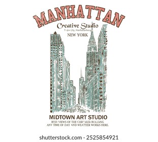 New york city hand drawing. New York design studio t shirt print design, Creative studio city vibes vector graphic artwork. Tudor manhattan rod hand sketch print design. college text print.