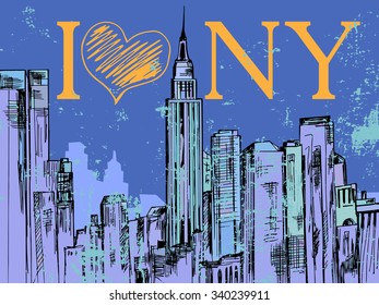 New York city hand drawn night cityscape