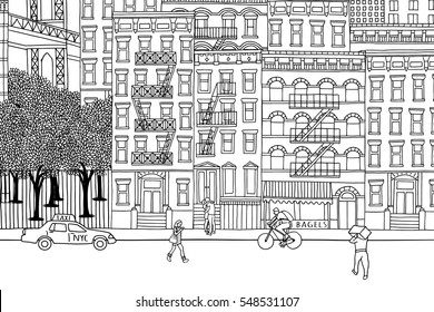 New York City - Hand drawn urban scene of tiny people walking through NY