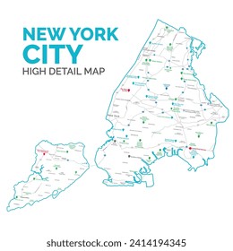 New York city High Quality and High detailed resolution map. detailed urban plan vector print poster New York city map. NYC road and map with labeling for your web site, app and UI design.