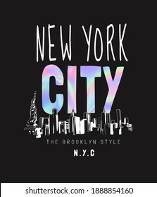 New York City holographic foil print slogan with hand sketch landscape illustration on black background