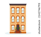 New York City house facade. Front view of old-fashioned brick building on Manhattan or in Brooklyn. Nice American neighbourhood exterior. Flat style vector