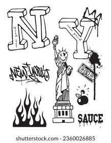 New York City Icons Vector Graffiti Hand-drawn Landmark Symbols