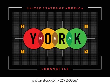 New york city illustration typography vector graphic t shirt design using urban style with attractive  colourful circles for all types of t shirts, fashion garments and apparel industry etc 
