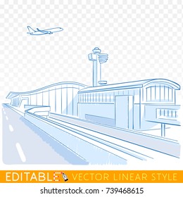 Aeropuerto de Nueva York. Avión sobre la torre del aeropuerto NY. Esbozo editable en estilo rosa azul. Ilustración vectorial de doodle dibujada a mano.